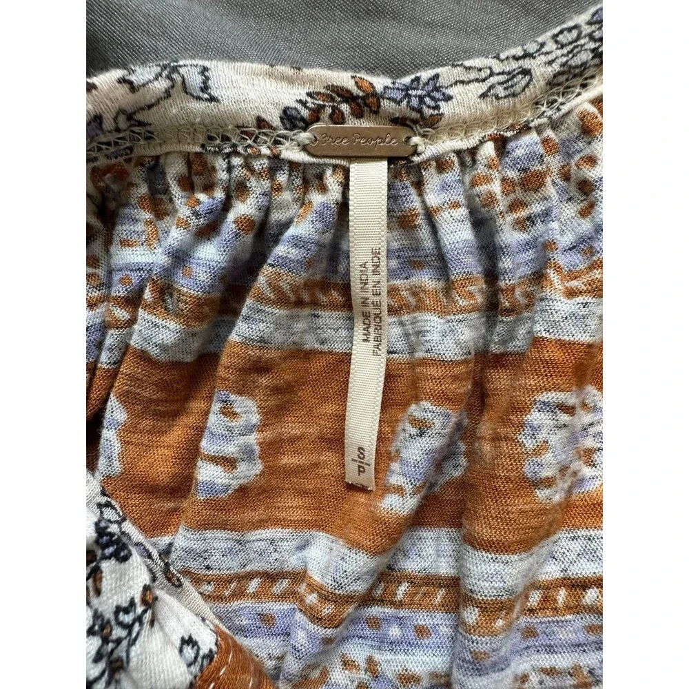 Free People Paisley Puff Sleeve Swing Boxy High Lo Frayed Hem Blouse Top S